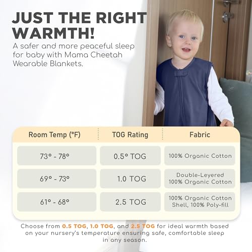 Image of Mama Cheetah Toddler Sleep Sack with Feet, 0.5 TOG Organic Cotton Baby Sleeping Bag with Legs, Baby Wearable Blankets for Walkers w / 2-Way Zipper, Baby Sleep Sack for Girls & Boys, Early Walker 3-4 T