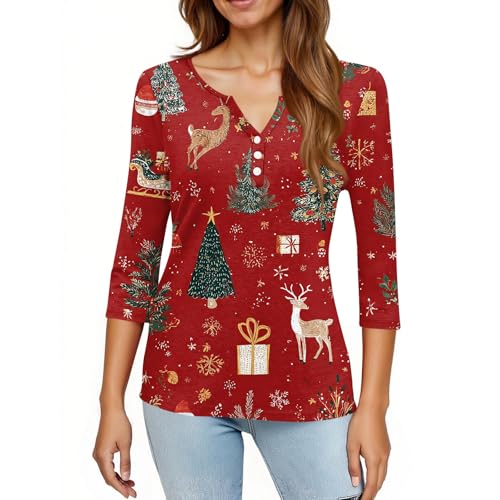 Image of Women Christmas Shirt 3 /4 Length Sleeve Henley Tops Xmas Outfits