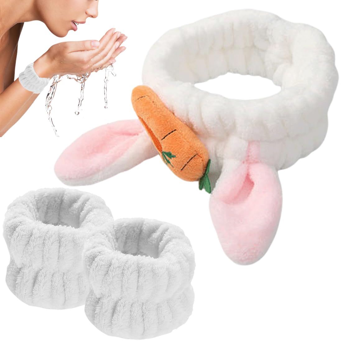 WeddHuis Cinta para el pelo de peluche de Navidad Cinta para el pelo con muñequera para quitar el champú de baño SPA Regalo de cumpleaños para mujer (Blanco)