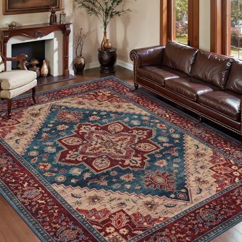 Image of Tangsoo Oriental Red 5x7 Washable Area Rugs for Living Room, Non Slip Rug