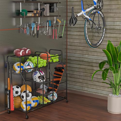 Garage Sports Equipment Organizer - Ball Storage Rack with Elastic Rope or Wire Mesh,Garage Organizer System with Wheels,Indoor/Outdoor Sports Rack for Sports Gear and Toys Storage,Black
