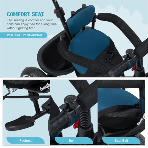 Image of Baybee 2 in 1 Baby Tricycle for Kids | Smart Balance Baby Trikes with Parental Handle, Cushion Seat, Safety Guardrail & Dual Storage | Kids Cycle for 2-5 Years Boy Girl (Tovino English Blue)