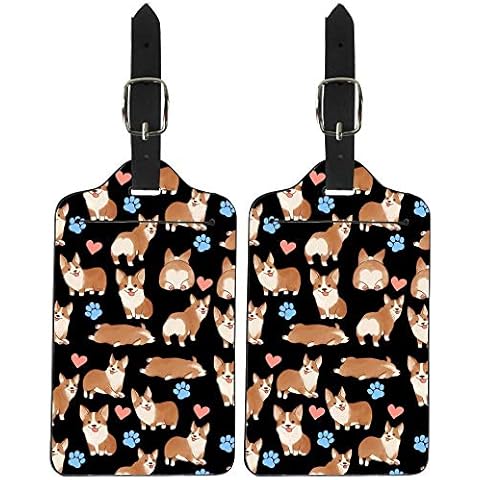NDISTIN Lovely Corgi Design Lugggae Tag Black Travel Suitcase Baggage Tag 2 Pack Trip Name Address ID Card Holder Tag Cover