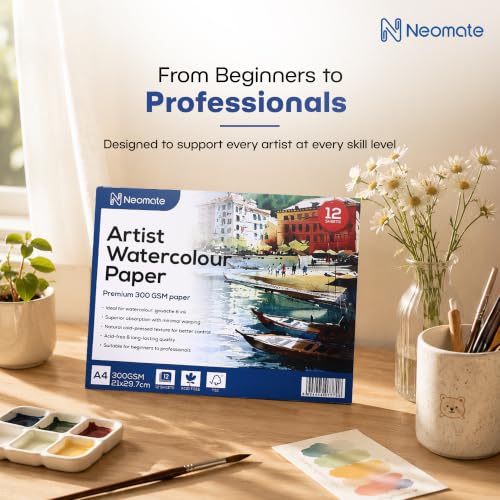 Image of Neomate Artists Watercolour Paper | 300 GSM, Size A4, Cold Pressed | Pack of 12 Sheets | Ideal for Artist, Professional Drawing, Painting Dry & Wet, Fine Arts Students