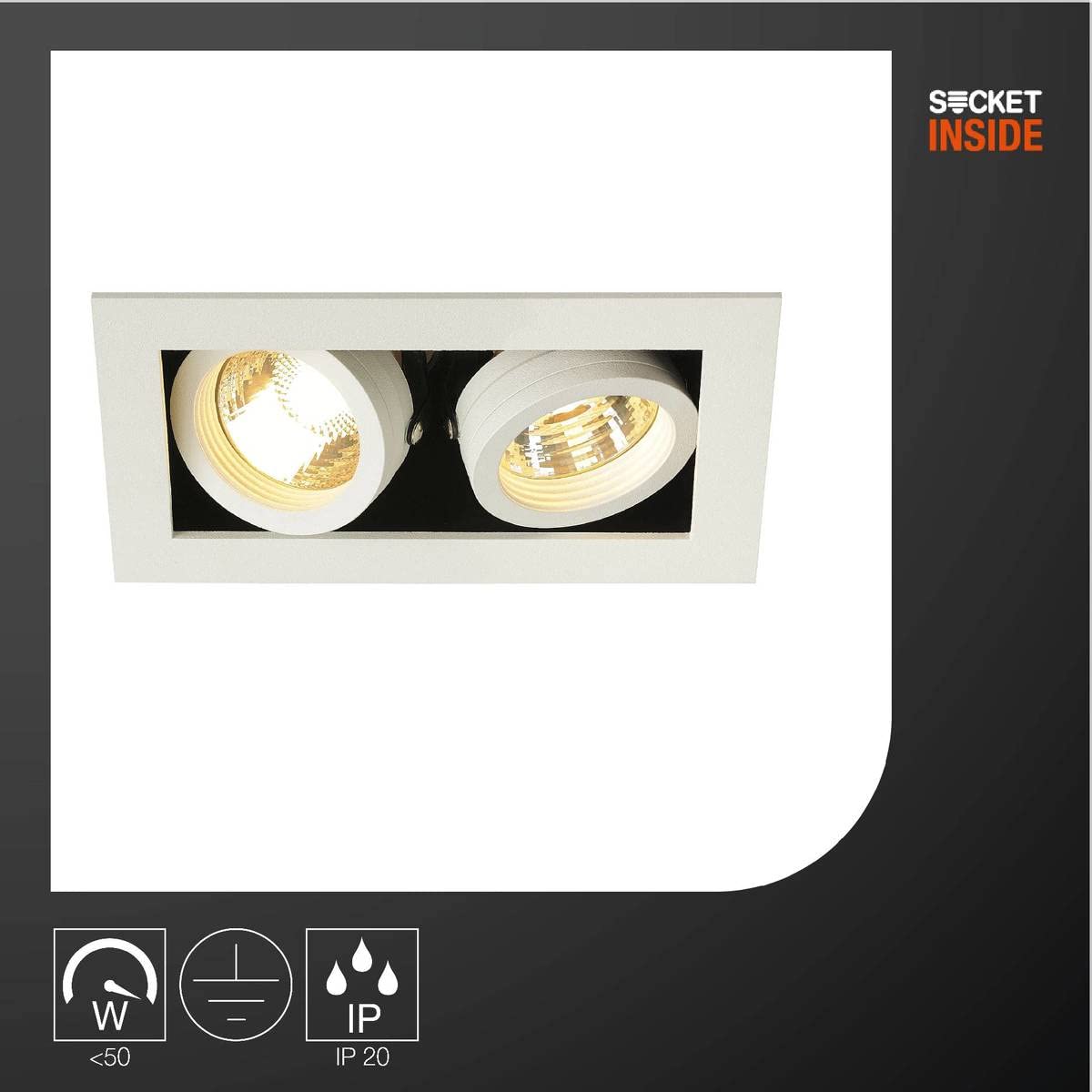 SLV KADUX 2 | Einbauleuchte, Innenbeleuchtung, Deckeneinbauleuchte, LED Spots, Deckenstrahler, Deckenleuchte| Zweiflammig, GU10, rechteckig, weiß, je. max. 50W, inkl. Clipfedern
