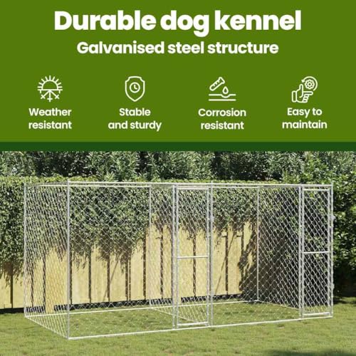 vidaXL Hundekäfig Silber 400 x 200 x 200 cm Verzinkter Stahl, Garten und Terrasse, robusten Hundebox, großes Zwinger, rustikale Tierumzäunung, Auslauf für Hunde