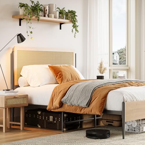 IDEALHOUSE Marco de cama matrimonial de ratán con cabecero, cama de plataforma matrimonial de estilo bohemio con soporte de listones de metal fuerte, almacenamiento debajo de la cama, sin ruido, no