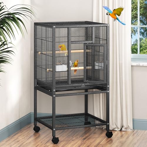 DWVO 41-inch Metal Bird Cage: Large Parrot Cages with Rolling Stand​ - Features Tray, Food Boxes & Wooden Perches for Parakeets, Lovebirds, Cockatiels, Finches and Pigeons, Black