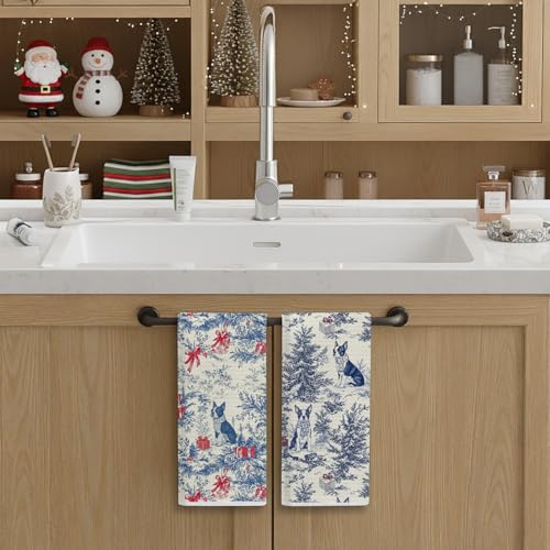 Image of Christmas Blue Boston Terrier Kitchen Towels Set 2,Vintage Dog Lover Gifts Dish Tea Towels for Kitchen, French Chinoiserie Holiday Decorative Hand Towel for Bathroom, 16x24 Inch