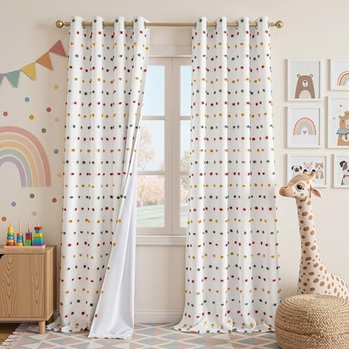 Image of Kids Blackout Curtains for Girls Bedroom,Pom Pom Curtains 50x95 in | 100% Blackout Light Blocking Drapes,Nursery Curtain,Room Darkening,Thermal Insulated Grommet Drape,Colorful,Cute,2 Panels Set