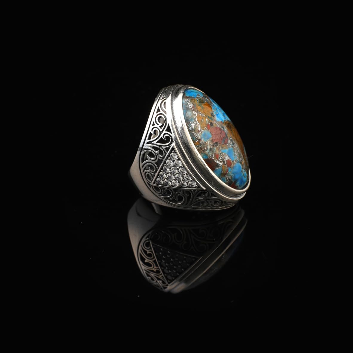Anello da uomo in argento sterling con turchese – Anello speciale con grande pietra preziosa con grosso design ottomano, micro zaffiro, incisione personalizzata (36)
