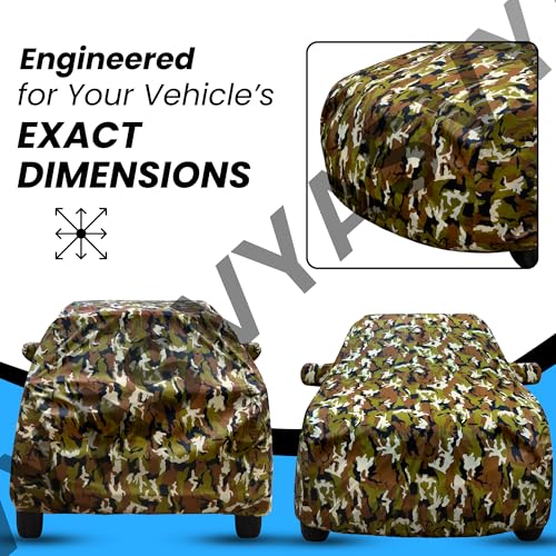 Image of VYAS 100% Waterproof Car Body Cover for Tata Manza (2009-2015) with Mirror Pocket Triple Stitched Belt & Buckle Fitting Dual Elastic, Durable Material Jungle Print Camouflage Design