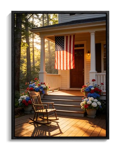 Image of American Flag Framed Canvas Wall Art, 4th of July Floral Canvas Prints, Summer Cottage Landscape Patriotic Decorations, Vintage Independence Day Wall Decor for Bedroom Living Room Office 16x20