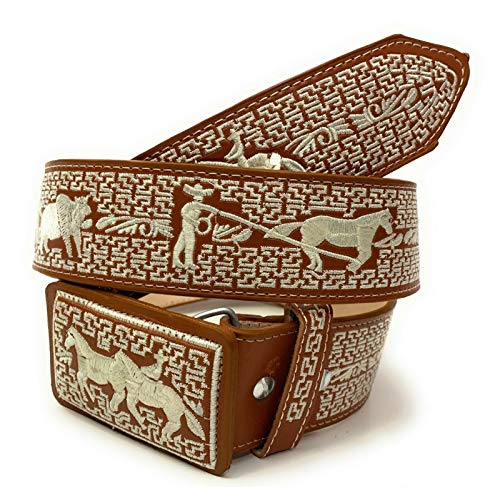Cinto charro bordado de Piel Suertes charras color Natural. Men's Belt Vaquero western