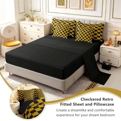 Image of Feelyou Checkered 7 Piece Bedding Set Teen Yellow Black Plaid Comforter Set with Sheets Full Size Kids Boys Cute Retro Neutral Checkerboard Geometric Bed in a Bag Vintage Aesthetic Room Decor