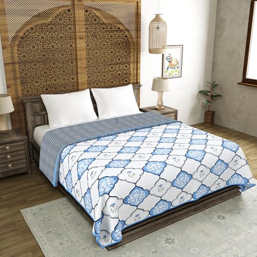 Image of BLOCKS OF INDIA 100% Cotton Dohar King Size Reversible Hand Block Printed Malmal Summer Dohar /Blanket (MUGHAL Blue)