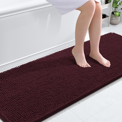Image of OLANLY Bathroom Runner Rugs 70x24, Soft Absorbent Chenille Bath Rugs, Rubber Backing Quick Dry, Machine Washable Long Bath Mats for Bathroom Floor, Tub and Shower, Home Decor Accessories, Black Cherry