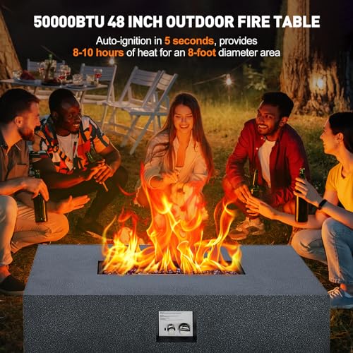 Outdoor Fire Table, 48 inch Rectangle Propane Gas Fire Pit Table, 50,000 BTU Modern Firepit with 16 inch Tank Cover Side Table, Wind Guard, Fire Glass, Rain Cover