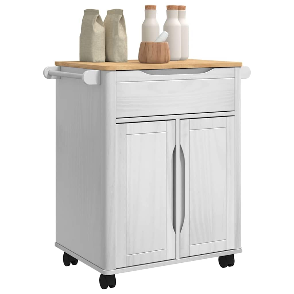 Küchentrolley Floro Weiß Massivholz Kiefer 72,5 x 45 x 80 cm mit Rollen und Schubladen, mobiler Küchenwagen für Aufbewahrung, Ablage und Organisation in Küche und Esszimmer