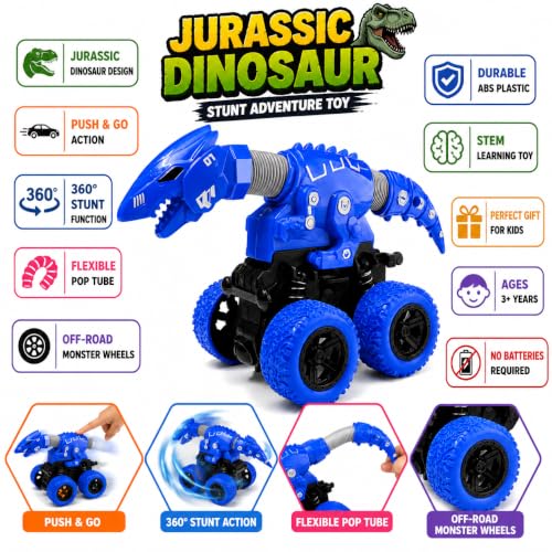 Image of Jurassic Dinosaur Monster Truck Toy for Kids | Push & Go 360 Stunt Car with Flexible Pop Tube Neck & Tail | Off-Road Monster Vehicle | No Battery Required | Gift for Boys & Girls 3+ Years