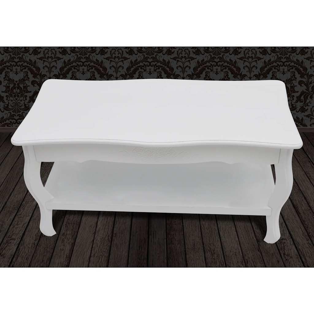 Mesa de centro blanca con estante, 87,5 x 42 x 44 cm, de MDF y pino macizo, diseño moderno, estilo provincial francés, construcción robusta y espacio de almacenamiento para salón, dormitorio
