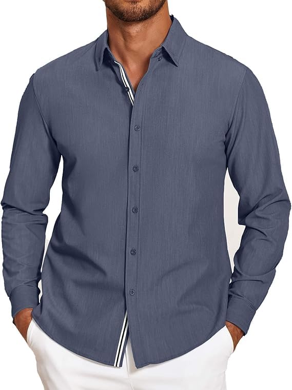 COOFANDY Herren Hemd Langarm Button Down Hemden für Männer Stretch Casual Herrenhemden Regular Fit Freizeithemden Marineblau L