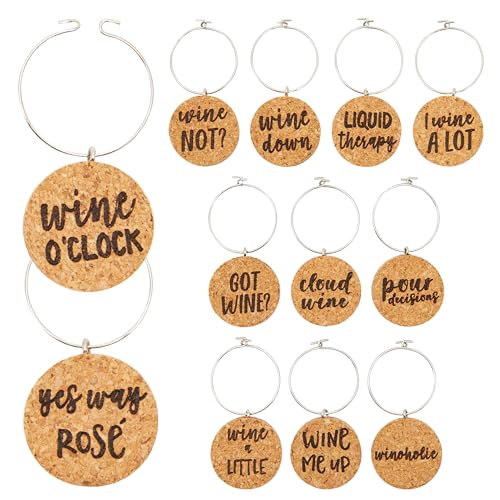 Juvale Wine Glass Charms - 1-Inch Circle Cork, 12-Pack - Wine Charms for Stem Glasses & Funny Party Decor - Birthday Party Favors