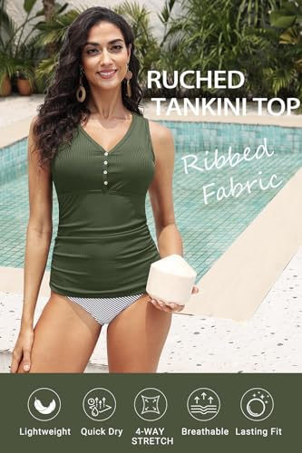 Image of Tankini Tops for Women Tummy Control Swimwear Top Only No Bottom | Scoop Neck, Adjustable Straps, Ruched Stomach, Removable Cups, Available in Plus, No Bottom, Soft Fabric, Full Lining