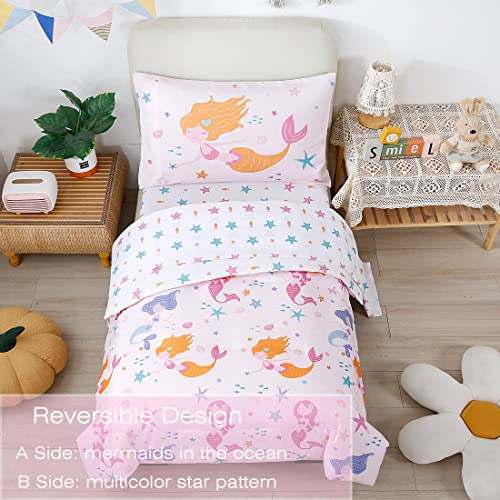 Image of PERFEMET Toddler Bedding Sets Girls 4 Pieces Pink Mermaid Toddler Bed in A Bag Soft Reversible Blush Toddler Bed Set Include Comforter, Flat Sheet, Fitted Sheet, Pillowcase