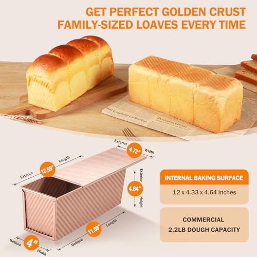 Pullman Loaf Pan with Lid, 13x4 inch, Premium 2.2LB Nonstick Sandwich Bread Loaf Pan for Homemade Sourdough Bread, Heavy Duty Carbon Steel Corrugated Toast Box with Cover for Baking, Bakeware - Thumbnail 3