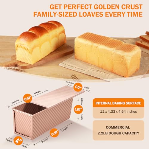 Image of Pullman Loaf Pan with Lid, 13x4, Nonstick Sandwich Bread Loaf Pan | 2.2LB, Heavy Duty Carbon Steel Corrugated Toast Box with Cover for Homemade Sourdough Bread Baking, Bakeware, Bakers Gift