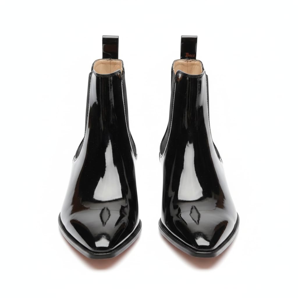 Men’s Black Patent Leather Chelsea Boots | Luxury High Shine Ankle Boots for Men | Formal Slip-On Dress Boots with Pointed Toe-image-36
