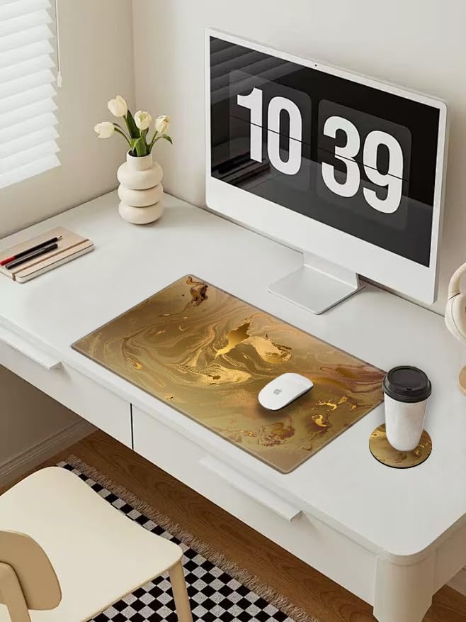 Image of Gaming Mouse Pad Gold Marble Mousepad 24x12 Inch Desk Mat XL Long Desk Pad Non-Slip Rubber Base Computer Mat with Stitched Edges for Office Work Home Game