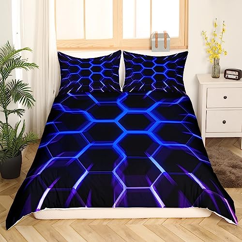 Honeycomb Bedding Set Black Blue Hexagon Geometrical Duvet Cover for Boys Girls Kids,3D Geometric Beehive Pattern Hexagonal Comforter Cover Double Neon Glowing Quilt Cover Ultra Soft Room Decor - Image 3