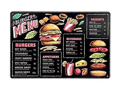 FÉENOMENN Plaque Métal Déco Vintage - Menu Burgers Façon Ardoise - Fast Food Sandwich Frites Soda (20x30cm)
