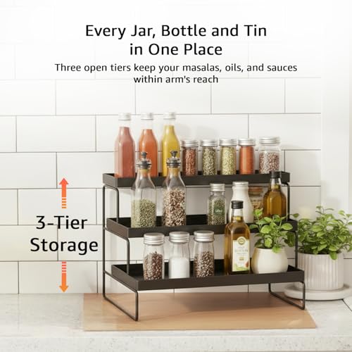 Image of amazon basics 3-Tier Kitchen Spice Rack Organizer | Rust-Free Iron Multi-Purpose Storage Shelf | 31 L x 30 W x 13 H cm