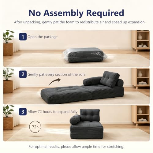 Image of Folding Sofa Bed Convertible Sleeper Chair with Pillow Boneless Futon Chair | Boneless Foldable Couch with Armrest, Comfy Fold Out Floor Couch for Living Room, Dark Grey