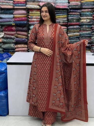 Image of GoSriKi Kurta Sets for Women Viscose Blend Printed | Kurti Set for Woman | Kurta Palazzo Dupatta Set | A Line Kurti | Mandarin Collar 3 /4 Sleeve Suit Set for Women Stylish Ethnic Outfit