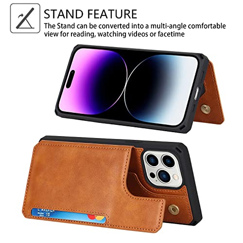 Image of Cavor for iPhone 14 Pro Case with Card Holder,for iPhone 14 Pro Wallet Case for Women Men,Phone Case for iPhone 14 pro with Stand Credit Card Holder, Leather Strap Shockproof Cover-Light Brown