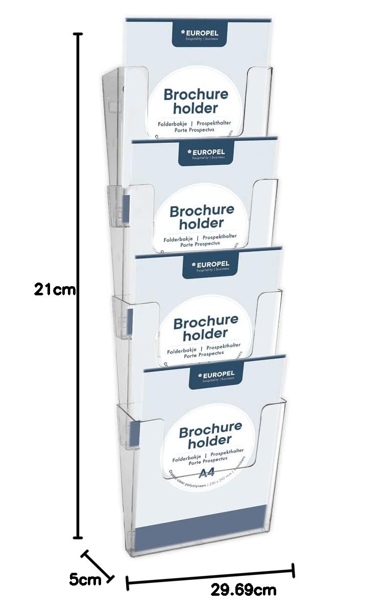 EUROPEL Porte-brochure mural Multicases 4 Compartiments pour Prospectus 1/3 A4 Polystyrène transparent