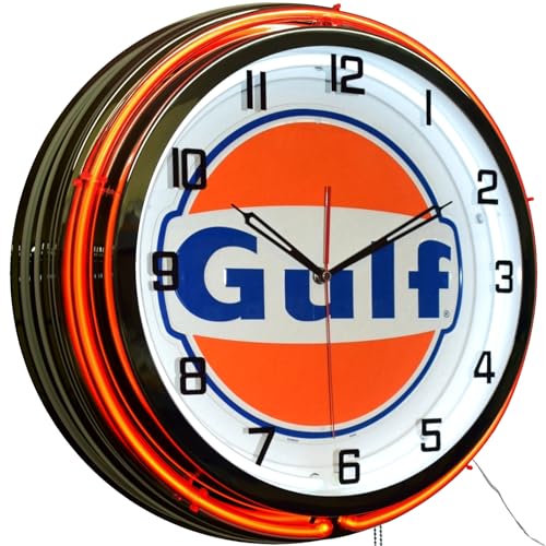 19' Gulf Gasoline Motor Oil Gas Station Sign Double Neon Clock (Orange)
