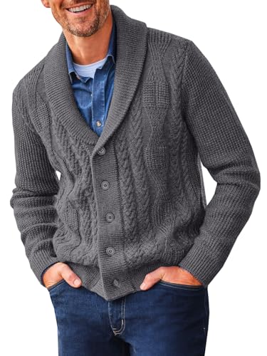 Runcati Mens Shawl Collar Cardigan Sweater Cable Knit Button Down Sweaters Long Sleeve Casual Winter Outwear Dark Grey