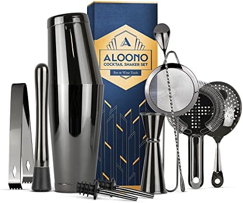11-Piece Black Boston Cocktail Shaker Set Bartender Kit | Drink Mixer Bar Set | Cocktail Set Bar Accessories: Martini Shaker, Strainer, Jigger, Muddler, Spoon, & More