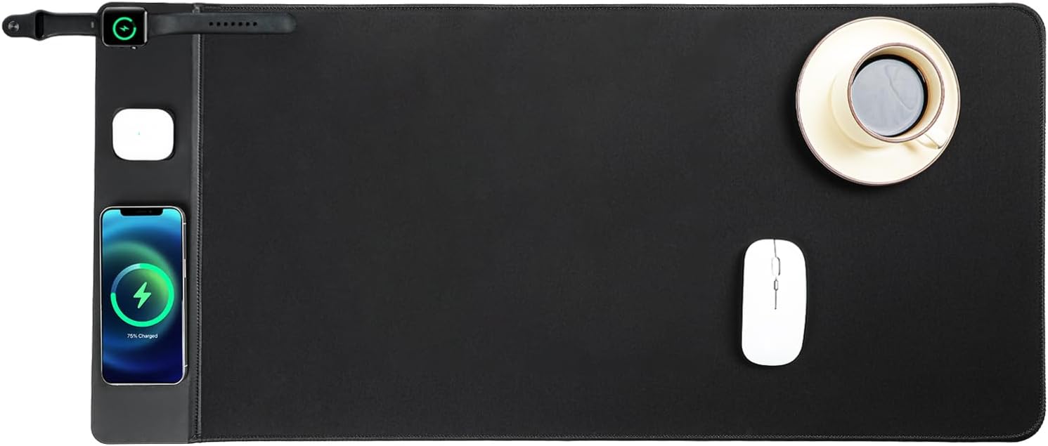 3 in 1 Wireless Charging Mouse Pad 15W, Gaming Mousepad with Ultra-Smooth Surface, Non-Slip Base, XXL Large Desk Mat 80 x 40cm,Black Topographic Computer Desk Pad for MacBook, PC, Laptop