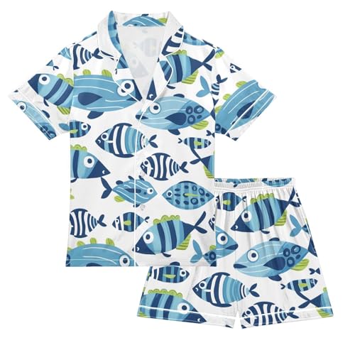 ALAZA Funny Striped Fish Blue Pajamas Satin Pajama Set Short Sleeve Button Down Sleepwear