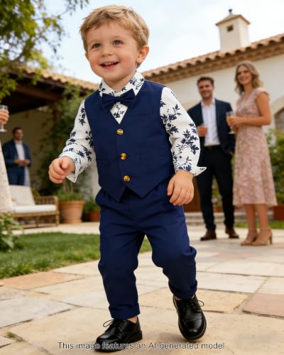 Image of SANGTREE Boys Suit Cotton Linen Formal Set Baby Boy Dress Clothes Gentleman Wedding Ring Bearer Outfits, 3 Months - 9 Years