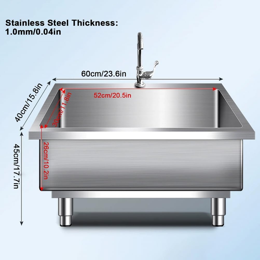 SQYHYTS 据置型実用シンク、シングルレバー冷水栓付き 調節可能脚付き 業務用キッチンモップ洗浄シンク シンク深さ26cm ステ