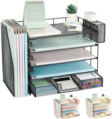 Paper Tray Organizer with Mesh File Holder, 5 Tier