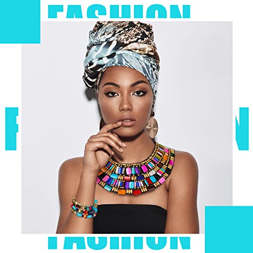 Bonuci 2 Pcs African Jewelry for Women African Chunky Choker Necklace Multicolour Bohemian Beads Jewelry Sets Rainbow Chunky Layered Beaded Bib Necklace for Women4