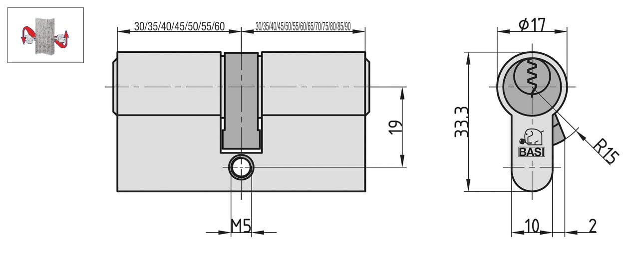 BASI AS – 45/55 mm doppio cilindro, GL, N+G, 3 chiavi a cilindro, 5 portapenne, protezione antitaglio, ottone opaco nichelato, testato secondo DIN 18252:2006-12.